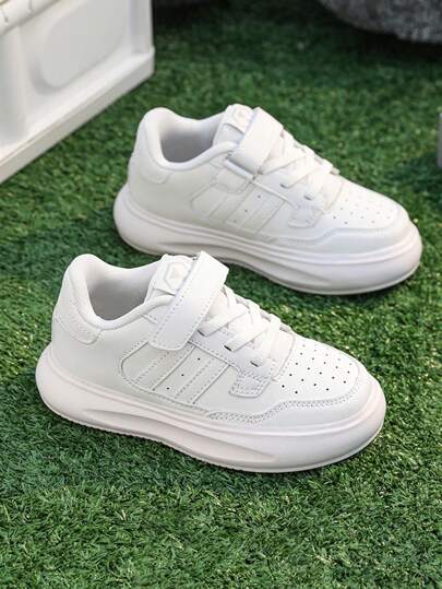 Fashion Versatile Hook And Loop Kids Shoes, Boys Girls Sports Shoes, Lightweight Comfortable Casual White Low-Top Sneakers, Girls New Running Shoes, Children's PU Leather Casual Shoes, Flat Shoes, Skate Shoes, Suitable For Indoor/Outdoor Activities, School Days, Daily Walking And Running