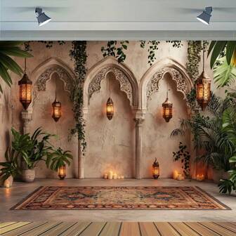 1 Polyester Photography Background For Arabian Nights, Hanging Lanterns, Arches, And Plants, Patterned Carpet, Candles - High-Quality Party Photography Props Suitable For General Use