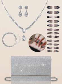 Bolso de embrague de fiesta cuadrado elegante y lujoso para mujer, bolso de fiesta de lujo y de moda con cadena de metal, kit de 24 uñas postizas elegantes y de unicolor extraíbles con brillantes, pendientes con pedrería, collar colgante y pulsera, adecuado para mujeres y niñas para banquetes, bailes, fiestas y bodas.