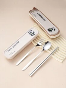 Portable Cutlery Set With Case & Bag, Cartoon Panda Travel Utensils, Portable Silverware Set For Work, 18/10 Stainless Steel Reusable Travel Cutlery Set, Fork And Spoon Chopsticks Set For Camping, School, Picnic, Gadgets, For Lunch Box,School Supplies