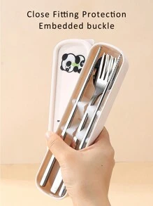 Portable Cutlery Set With Case & Bag, Cartoon Panda Travel Utensils, Portable Silverware Set For Work, 18/10 Stainless Steel Reusable Travel Cutlery Set, Fork And Spoon Chopsticks Set For Camping, School, Picnic, Gadgets, For Lunch Box,School Supplies
