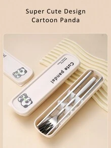 Portable Cutlery Set With Case & Bag, Cartoon Panda Travel Utensils, Portable Silverware Set For Work, 18/10 Stainless Steel Reusable Travel Cutlery Set, Fork And Spoon Chopsticks Set For Camping, School, Picnic, Gadgets, For Lunch Box,School Supplies