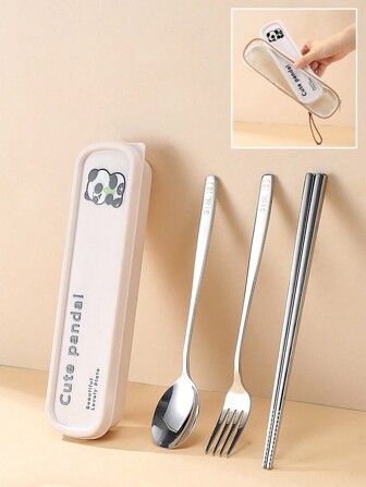 Portable Cutlery Set With Case & Bag, Cartoon Panda Travel Utensils, Portable Silverware Set For Work, 18/10 Stainless Steel Reusable Travel Cutlery Set, Fork And Spoon Chopsticks Set For Camping, School, Picnic, Gadgets, For Lunch Box,School Supplies