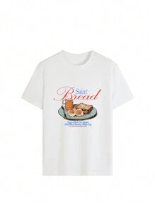 White Women's Casual Everyday Round Neck Short Sleeve Food & Bread Print T-Shirt, Spring/Summer