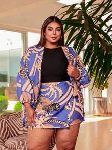 Plus Size 2-Piece Shorts And Kimono Set - Red Violet - View 3