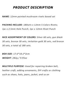 180 Sets 12mm Pointed Mushroom Metal Spike Rivets Hand Press Rivets For Leather Craft Garment Shoes Decorative Double Cap Stud Rivets For Bag Making - Multicolor - View 6