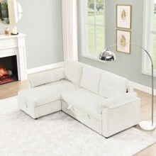 Corduroy Tufted Upholstered Sleeper Sectional Sofa L-Shaped Modular Convertible Sofa With Storage Chaise Pull Out Sleep Couch Bed And Reclining Backrest Perfect For Living Space Beige