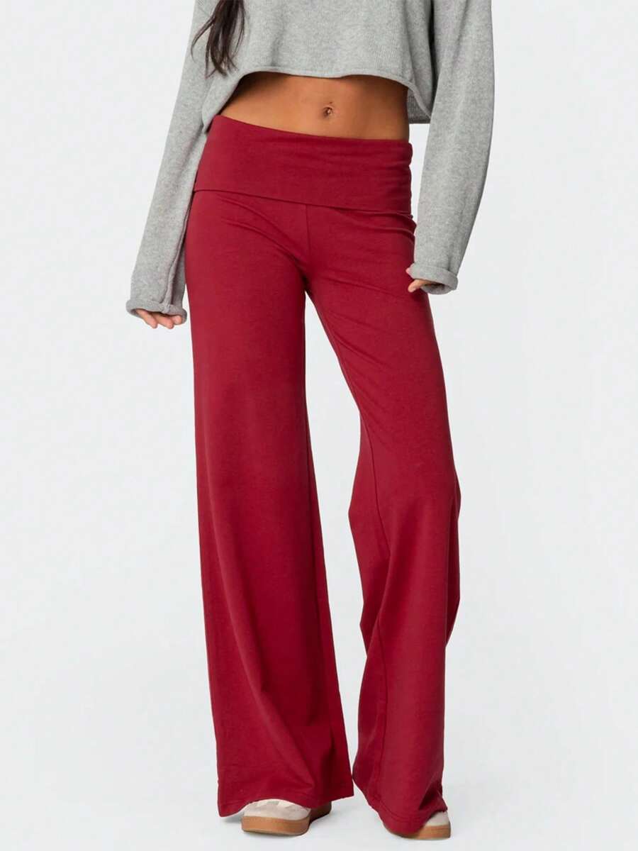 Women's Y2k Fold Over Long Pants Solid Color Low Waist Loose Wide Leg Trousers Lounge Sweat Pants Yoga Pants Casual Going Out Pants - 紅色 - 查看 1