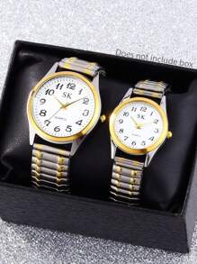 2pcs/Set Numeric Dial Stainless Steel Couples Quartz Watch