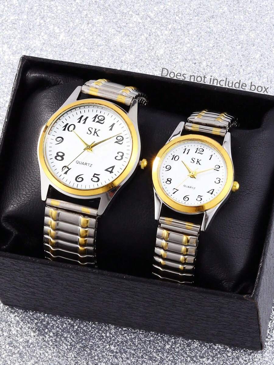 2pcs/Set Numeric Dial Stainless Steel Couples Quartz Watch