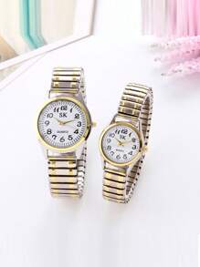 2pcs/Set Numeric Dial Stainless Steel Couples Quartz Watch