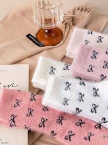 5 Pairs Solid Color Bow Decor Mid-Calf Socks, Fluffy, Warm, Versatile For Women, Autumn/Winter Valentines Christmas Gift - Multicolor - View 2