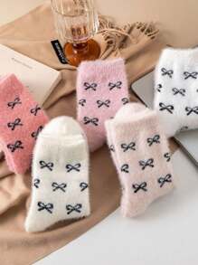 5 Pairs Solid Color Bow Decor Mid-Calf Socks, Fluffy, Warm, Versatile For Women, Autumn/Winter Valentines Christmas Gift - Multicolor - View 3