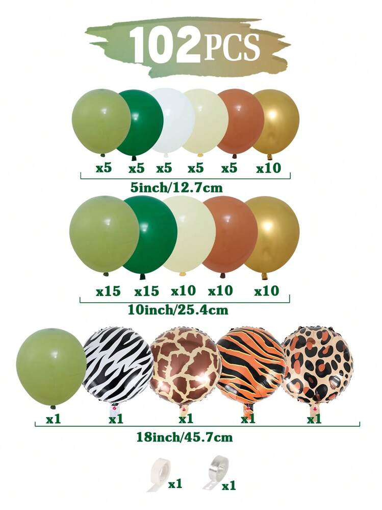 88/102 piezas, globos con estilo de animales de la jungla, 1 pieza Telón de fondo decorativo con animales de la jungla, 1 pieza Mantel con patrón de animales de la jungla, Combinación de globos perfecta para bodas, cumpleaños de novias, recién nacidos, fiestas, decoración de pared de regreso a la escuela, Día de San Valentín - Multicolor - Añade 7