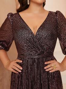 Plus Size Women's Solid Color V-Neck Wrap Bust A-Line Sparkle Mid-Length Formal Evening Gown Dress, Party Dress, Wedding Guest Dress - Watermelon Pink - View 1