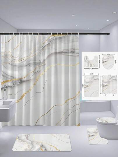 1 Set/4 Sets Beautiful Dark Gray Textured Shower Curtain Set, Patterned Shower Curtain With Multi-Color Background, Modern Personalized Bathroom Decor, Waterproof Shower Curtain Set (With 12 Hooks), Non-Slip Bath Mat, U-Shaped Toilet Cover, Bathroom Decoration Fall Decor Bathroom Accessories Back To School