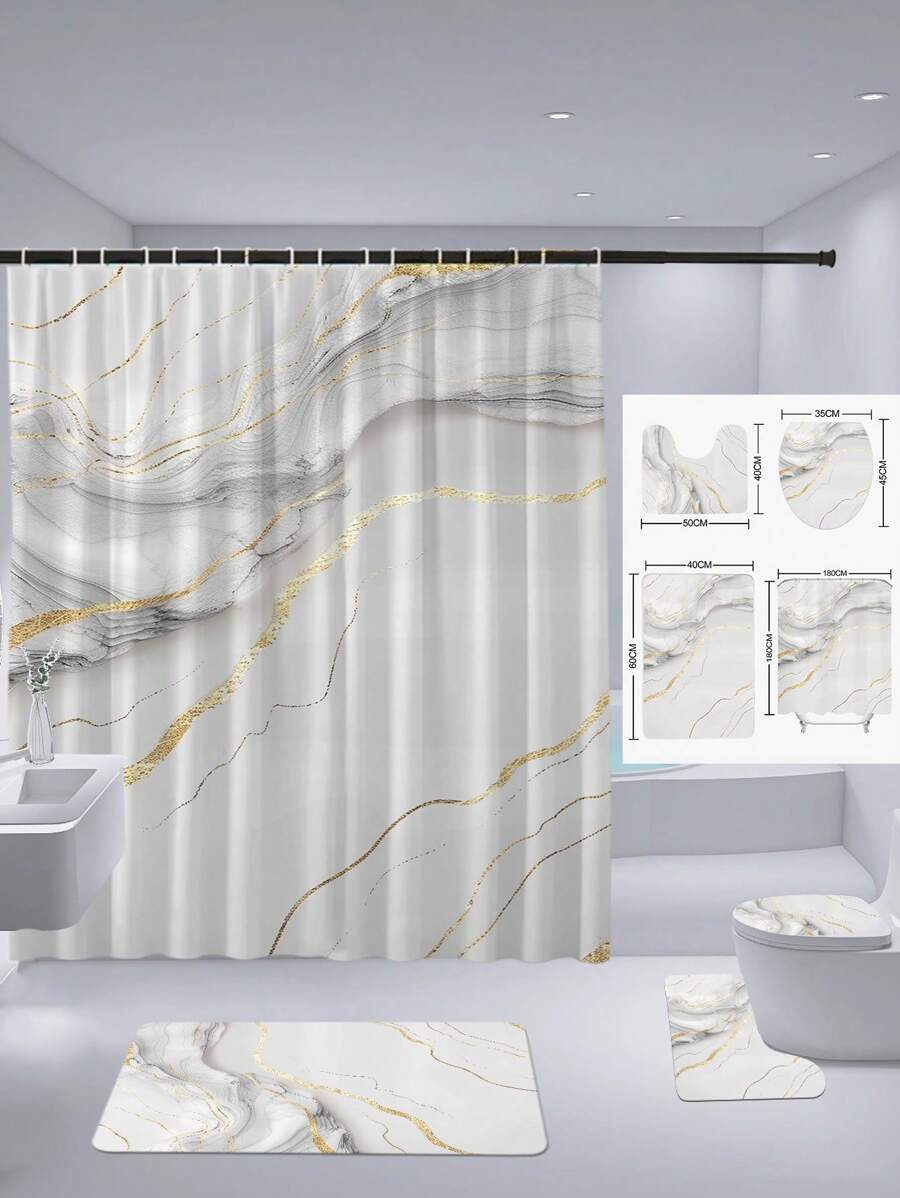 1 Set/4 Sets Beautiful Dark Gray Textured Shower Curtain Set, Patterned Shower Curtain With Multi-Color Background, Modern Personalized Bathroom Decor, Waterproof Shower Curtain Set (With 12 Hooks), Non-Slip Bath Mat, U-Shaped Toilet Cover, Bathroom Decoration Fall Decor Bathroom Accessories Back To School - Multicolor - View 1