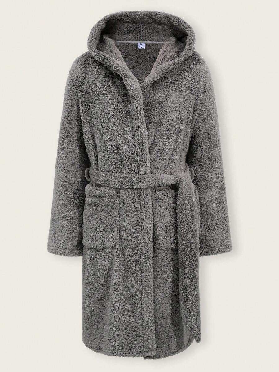 Men's Double-Sided Fleece Hooded Bathrobe With Dual Pockets, Warm Sleepwear Robe For Autumn/Winter - Grey - View 1