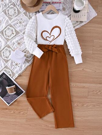 MommBaby Momm Baby Girls 2pcs Set, Long Sleeve Ruffle Sleeve Printed Top And High Waist Straight Pants Outfit, Holiday And Outdoor Wear, Spring/Summer/Autumn