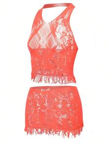 Sexy Lingerie Two-Piece Set With Backless Camisole Vest, Ultra Short Mini Skirt, Tassel Design, Hollowed Out Mesh Jacket, Transparent Shirt, Beach Hot Pants, Lace Mesh Jacket