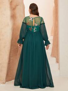 Plus Size Colorful Embroidery Sheer Splice Frill Trim Chiffon Long Sleeve Dress, Bridesmaid Dress - Dark Green - View 3