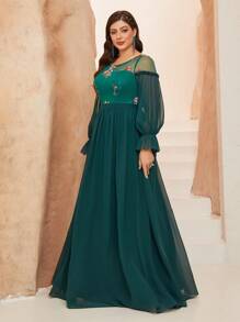 Plus Size Colorful Embroidery Sheer Splice Frill Trim Chiffon Long Sleeve Dress, Bridesmaid Dress - Dark Green - View 4