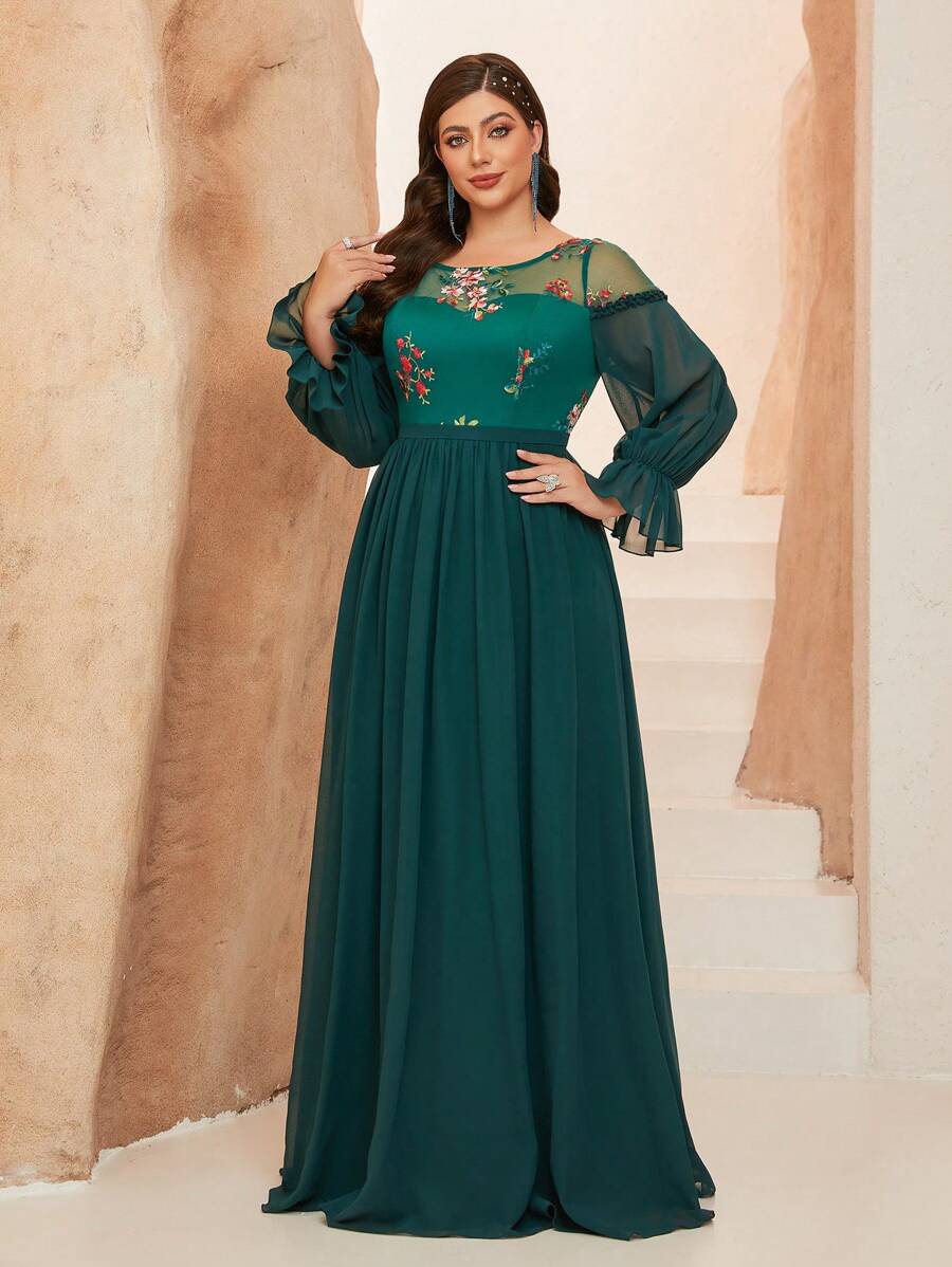 Plus Size Colorful Embroidery Sheer Splice Frill Trim Chiffon Long Sleeve Dress, Bridesmaid Dress - Dark Green - View 1