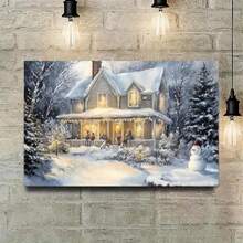 Decoración de arte de pared de lienzo navideño, impresión de pintura de escena de bosque nevado de invierno para decoración de habitación, póster de muñeco de nieve navideño para el hogar, casa campestre navideña
