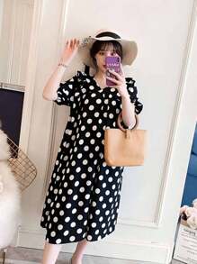 Verano de lunares vestidos de las mujeres Midi suelta hasta la rodilla de vacaciones vestidos de maternidad Vestidos midi para mujer - Negro - Ver 1