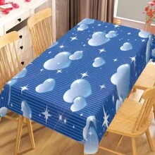 1 块情人节桌布，爱与星星印花蓝色条纹桌布，矩形涤纶桌布，可机洗，耐用，易于护理，房间装饰，餐桌装饰，情人节装饰，情人节礼物
