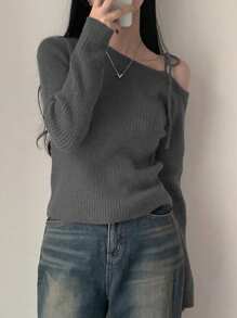 女士不对称露肩系带蝴蝶结针织毛衣上衣，百搭休闲装 - 深灰色 - 查看 3