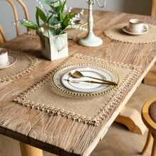 1pc Farmhouse Style Hot Selling Jute Tassel Round Bowl Mat & Rectangular Heat-Resistant Placemat - Multicolor - View 1