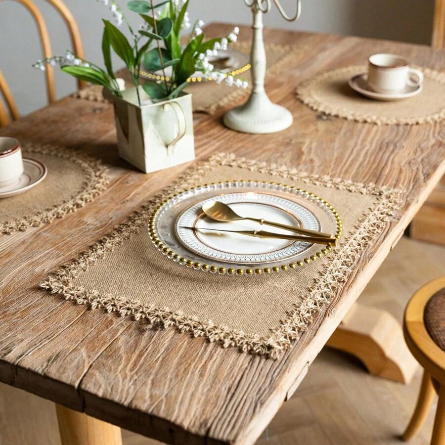 1pc Farmhouse Style Hot Selling Jute Tassel Round Bowl Mat & Rectangular Heat-Resistant Placemat - Multicolor - View 1