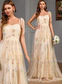 Women Shoulder-Tie Floral Embroidered Minimalist Ruffled Cocktail Dress, Wedding Guest Dress, Party Dress, Formal Dress, Evening Dress,Gown - Apricot - View 1