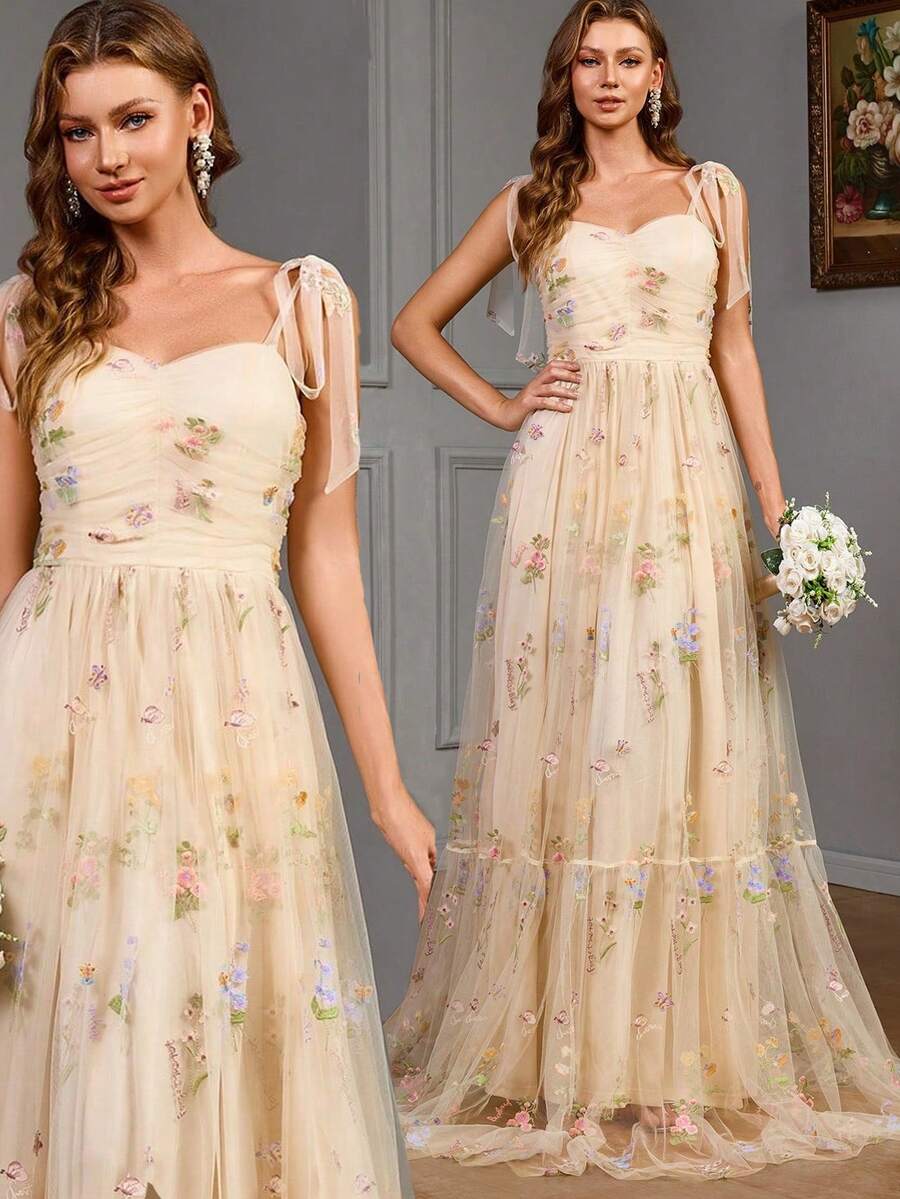 Women Shoulder-Tie Floral Embroidered Minimalist Ruffled Cocktail Dress, Wedding Guest Dress, Party Dress, Formal Dress, Evening Dress,Gown - Apricot - View 1