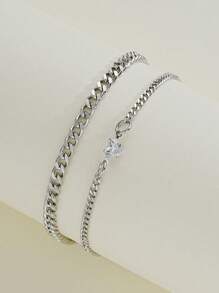 17KM 2pcs Heart Rhinestone Stainless Steel Chain Anklet Set, Simple Women Gift For Date, Vacation, Daily Wear