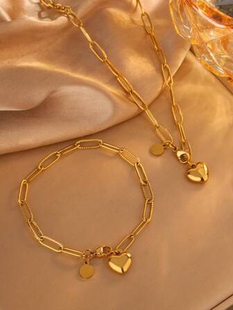 1 Set Elegant Minimalist Style Paperclip Chain Necklace And Bracelet With Heart Shaped Pendant, Stainless Steel Jewelry Set Suitable For Women To Wear To Banquets Or Daily Fashion Outfits, Also Great As Valentine's Day Gift For Her,Mom,Mother,Mother's Day,Gift