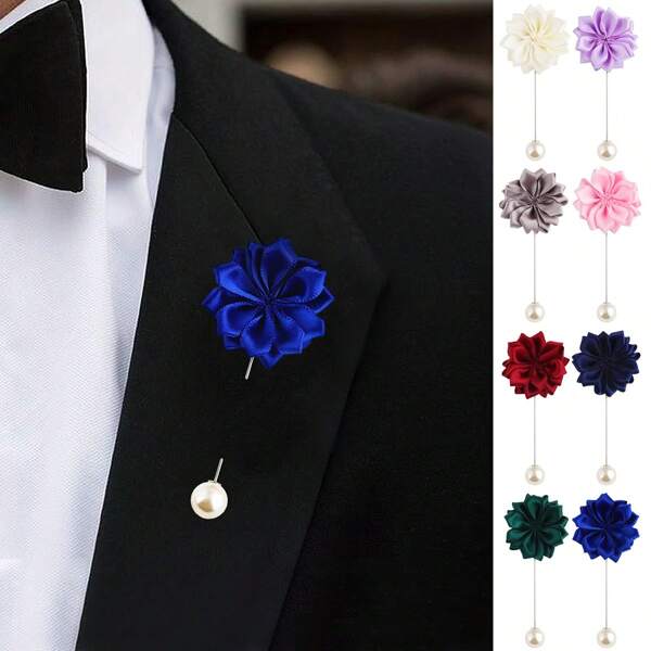 European & American Style Groom/Groomsmen Royal Blue Faux Fabric Flower Pearl Lapel Pin Brooch, Multiple Colors For Wedding, Banquet, Party Decoration