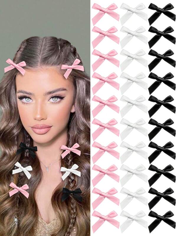 30/18 pezzi Fermagli per capelli colorati alla moda in nastro e fiocco, accessori per capelli dolci per ragazze, mollette per capelli in seta piccole ed eleganti, fiocchi decorativi per capelli da principessa per stile Y2K e da ballerina, adatti per uso quotidiano, carini, set regalo di 3 colori per San Valentino, mollette da capelli e fermagli