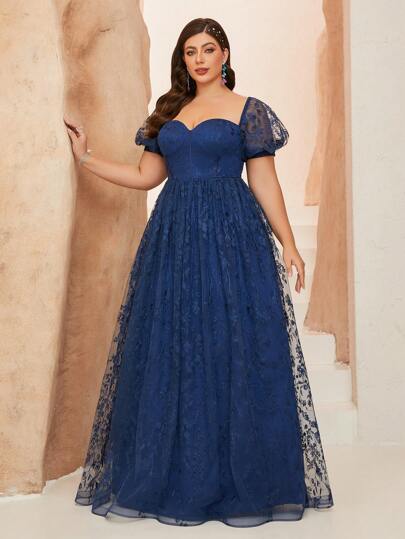 Plus Non-Locating Patterns Sweetheart Neck Puff Sleeve Satin Drawstring Bodice Embroidered Lace Dress, Wedding Guest Dress, Party Dress, Formal Dress, Evening Dress,Gown