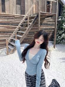 初秋甜美復古風百搭休閒拼色花卉鈕扣修身顯瘦二合一針織毛衣上衣 - 藍色 - 查看 4