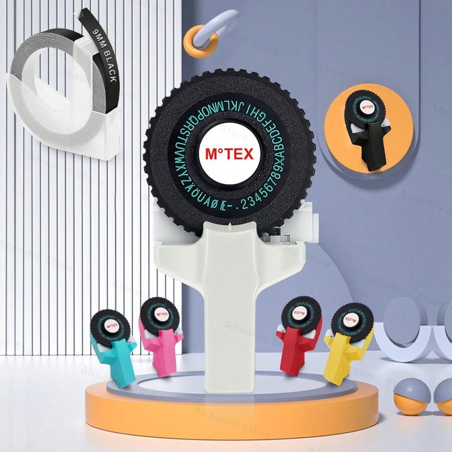 Máy in nhãn dập nổi 3D Motex E101 Máy đánh chữ thủ công DIY Máy in tự dính Motex E-101 với 1 gói nhãn 9mm cho băng Dymo 3D