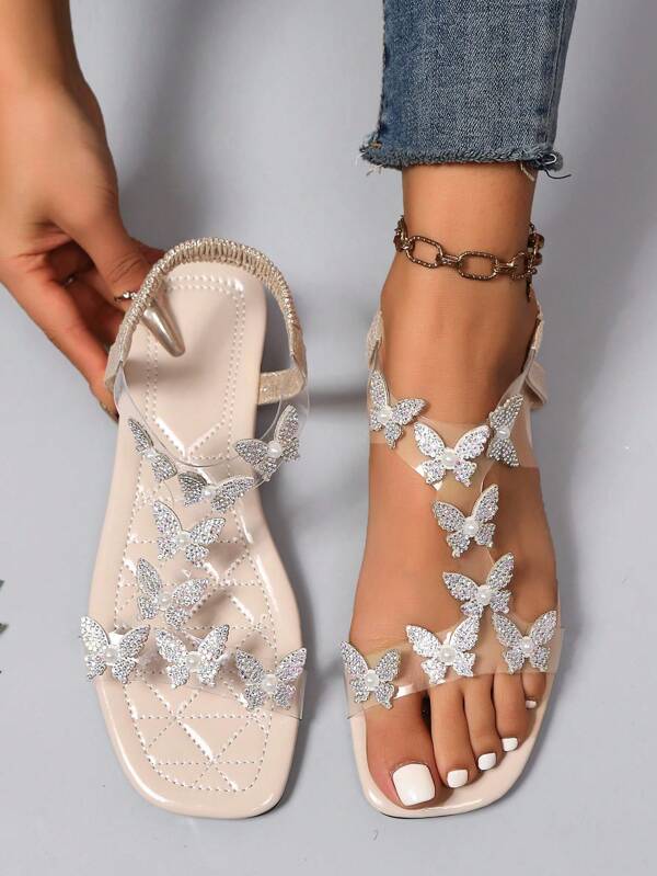 Women'S Summer Bowknot & Rhinestone Elegant Flat High Heel Peep Toe Sandals & Slippers For Women, Bohemian Party Shoes