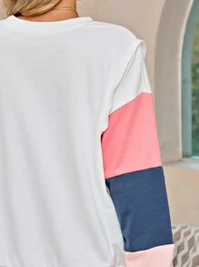 Boho Retro Vintage 90's Vibe Rose Green Blue Cotton Drop Shoulder Color Block Sleeve Top Shirt Blouse - White - View 3
