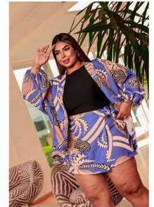 Plus Size 2-Piece Shorts And Kimono Set - Red Violet - View 1