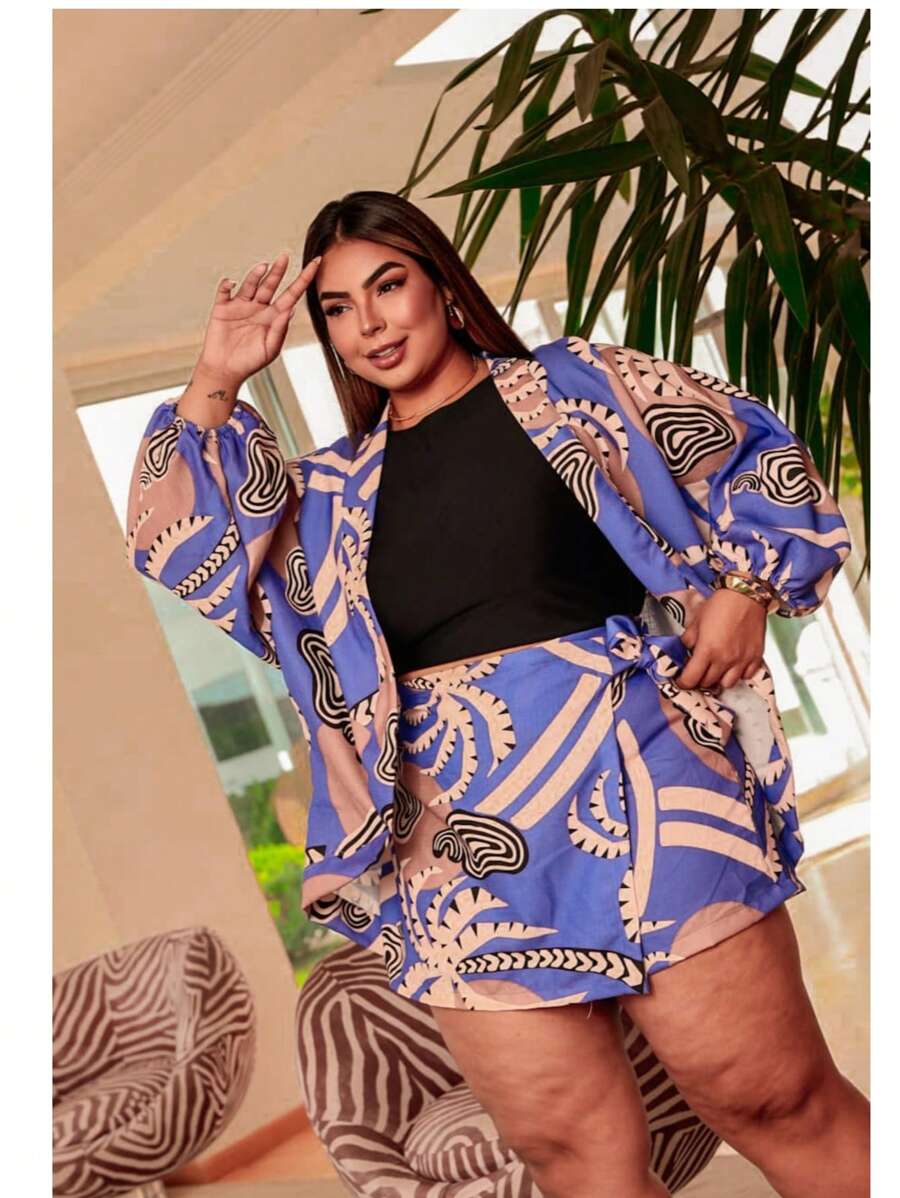 Plus Size 2-Piece Shorts And Kimono Set - Red Violet - View 1