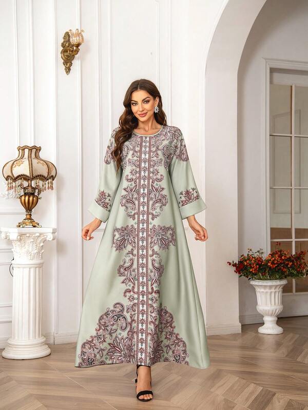 Women's Full Length Round Neck Dress, Regular Fit, Allover Print, Thick & Soft 4-Way Stretch Fabric, Glitter, Rhinestone Embellishment, Elegant And Luxurious Arabian Dress Jalabiya, Modest Kaftan