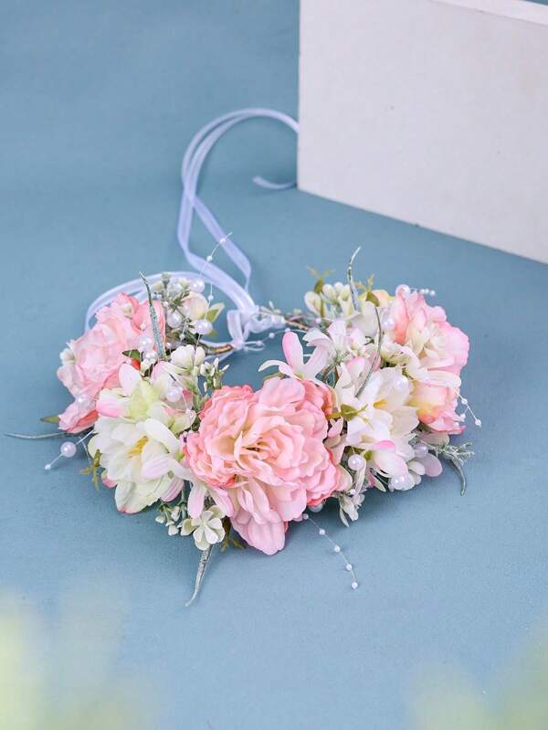 Handmade Floral Crown Headpiece, Simulated Flower Headband With Beads, Bride Wedding Hair Accessories