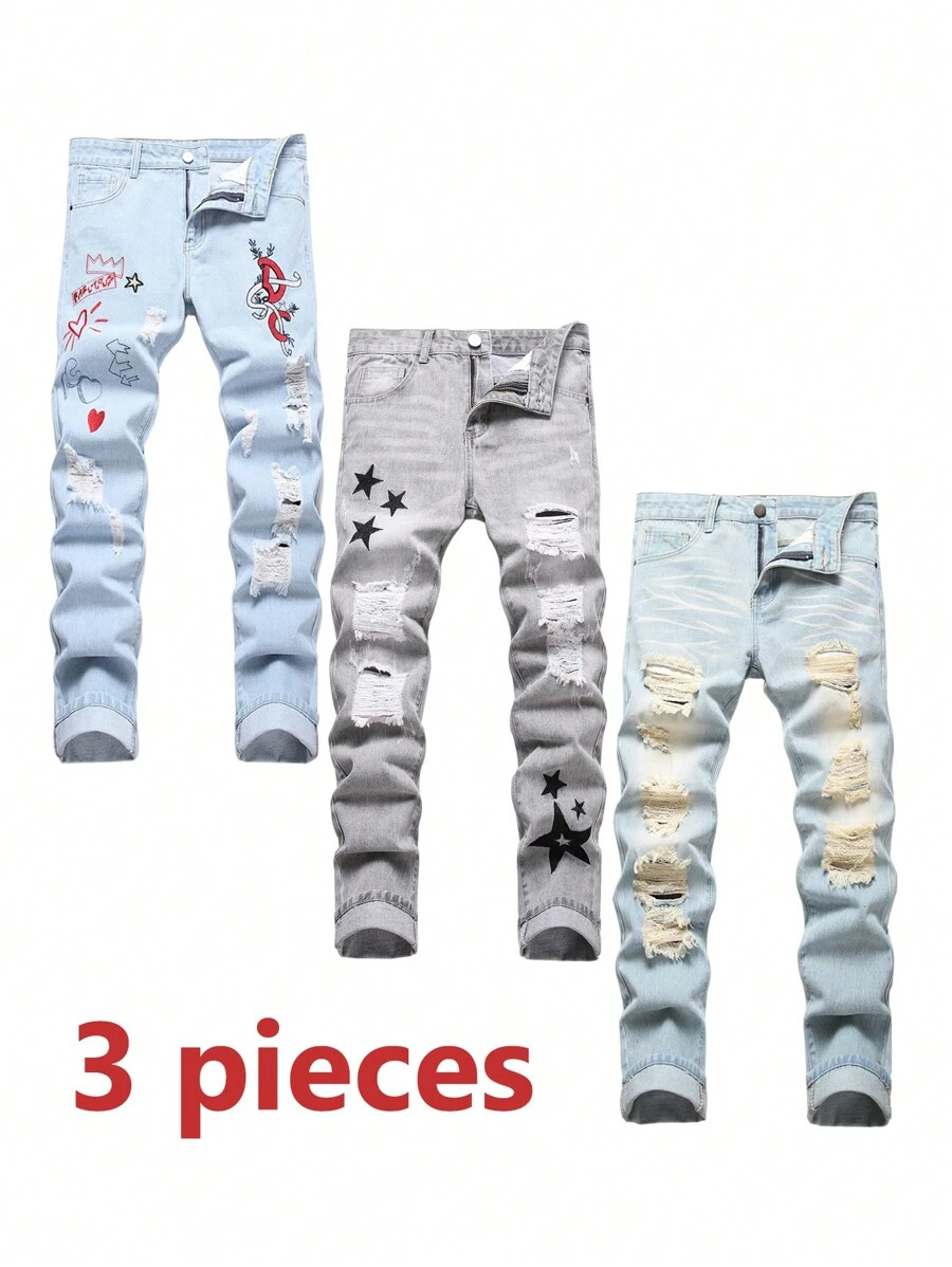 3 Pieces Ripped Jeans, Blue & Grey & Light Blue Fashion Comfort Denim Pants With Embroidered Patterns, Straight Leg Casual Trousers For Daily Wear - 天藍色/灰色/藍色 - 查看 1