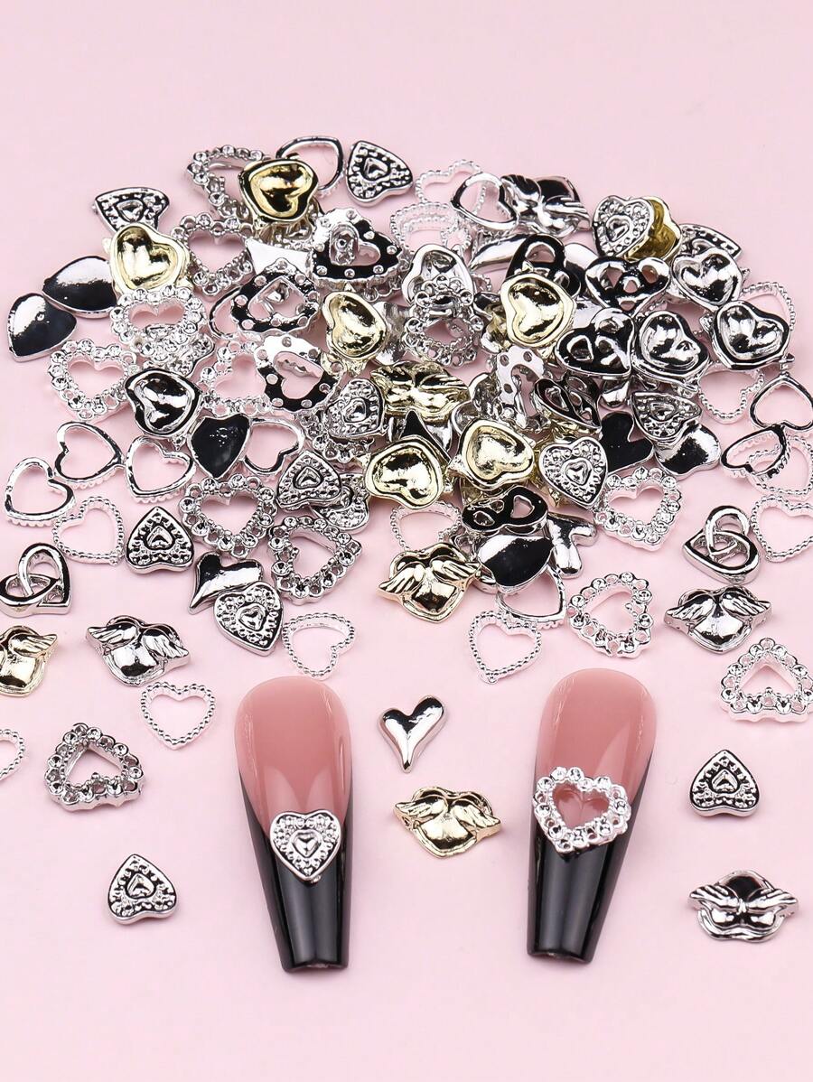 30pcs Assorted Heart Shaped Metal Nail Art Decorations, Nail Accessories For Valentine's Day Nails